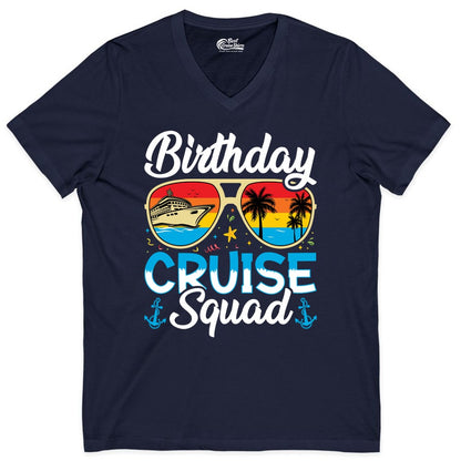 Birthday Cruise Shirt - Retro Cruise Squad Birthday Trip Apparel (V-Neck) in Navy - Birthday Cruise Squad Retro Sunglasses Tropical Group Shirt