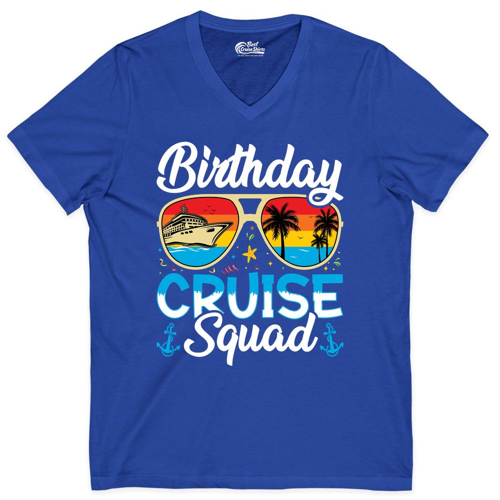 Birthday Cruise Shirt - Retro Cruise Squad Birthday Trip Apparel (V-Neck) in True Royal - Birthday Cruise Squad Retro Sunglasses Tropical Group Shirt