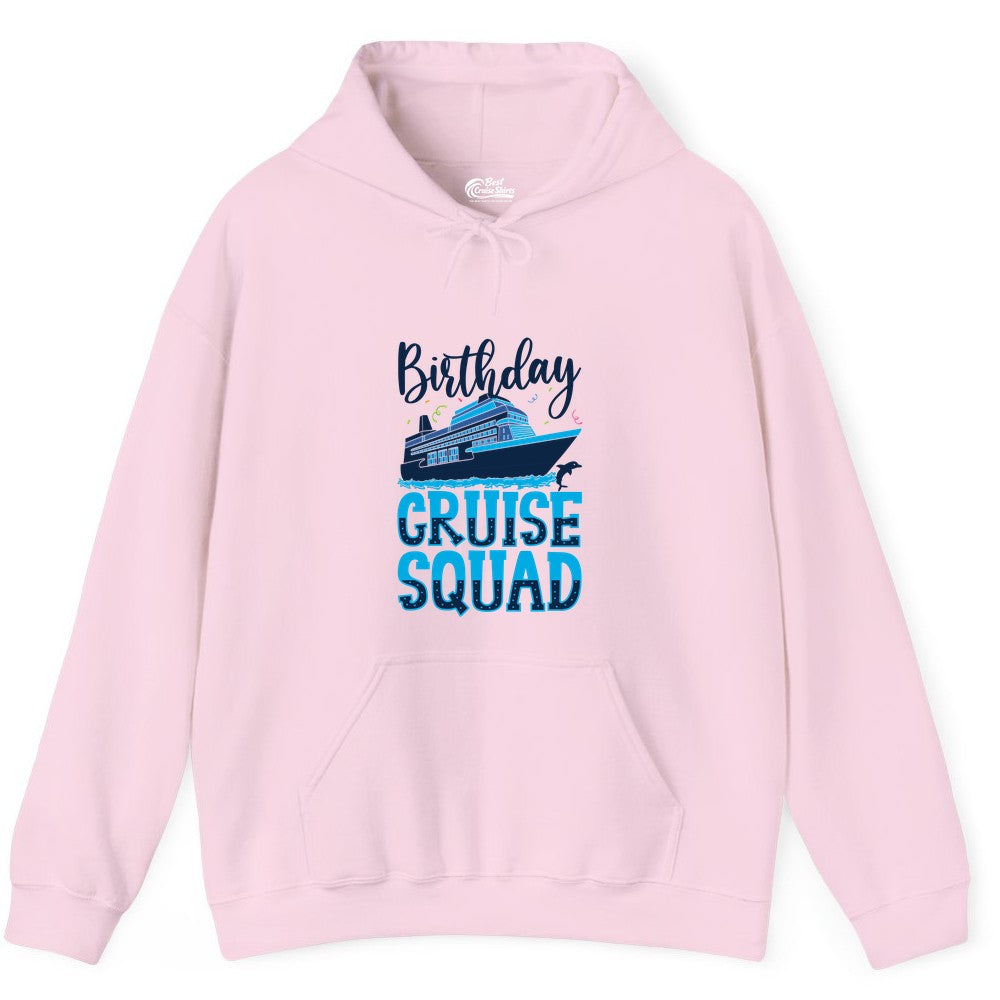 Birthday Cruise Shirt - Fun Group Cruise Squad Apparel for Vacations (Hoodie) in Light Pink - Birthday Cruise Squad Shirt - Nautical Celebration with Dolphin Accents