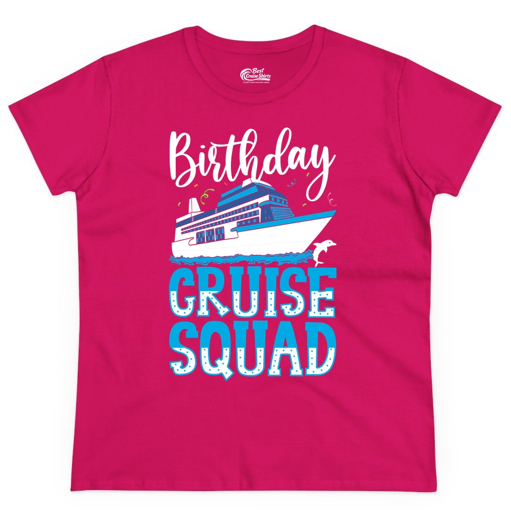 Birthday Cruise Shirt - Fun Group Cruise Squad Apparel for Vacations (Ladies Tee) in Heliconia - Birthday Cruise Squad Shirt - Nautical Celebration with Dolphin Accents