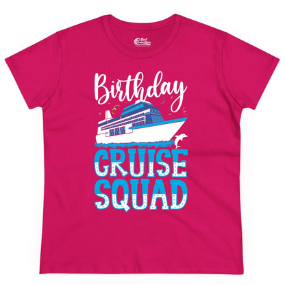 Birthday Cruise Shirt - Fun Group Cruise Squad Apparel for Vacations (Ladies Tee) in Heliconia - Birthday Cruise Squad Shirt - Nautical Celebration with Dolphin Accents