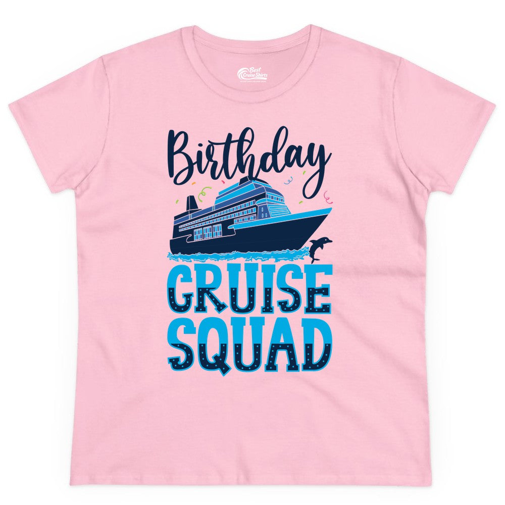 Birthday Cruise Shirt - Fun Group Cruise Squad Apparel for Vacations (Ladies Tee) in Light Pink - Birthday Cruise Squad Shirt - Nautical Celebration with Dolphin Accents