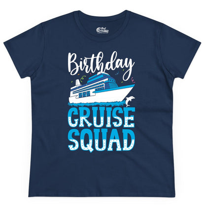 Birthday Cruise Shirt - Fun Group Cruise Squad Apparel for Vacations (Ladies Tee) in Navy - Birthday Cruise Squad Shirt - Nautical Celebration with Dolphin Accents