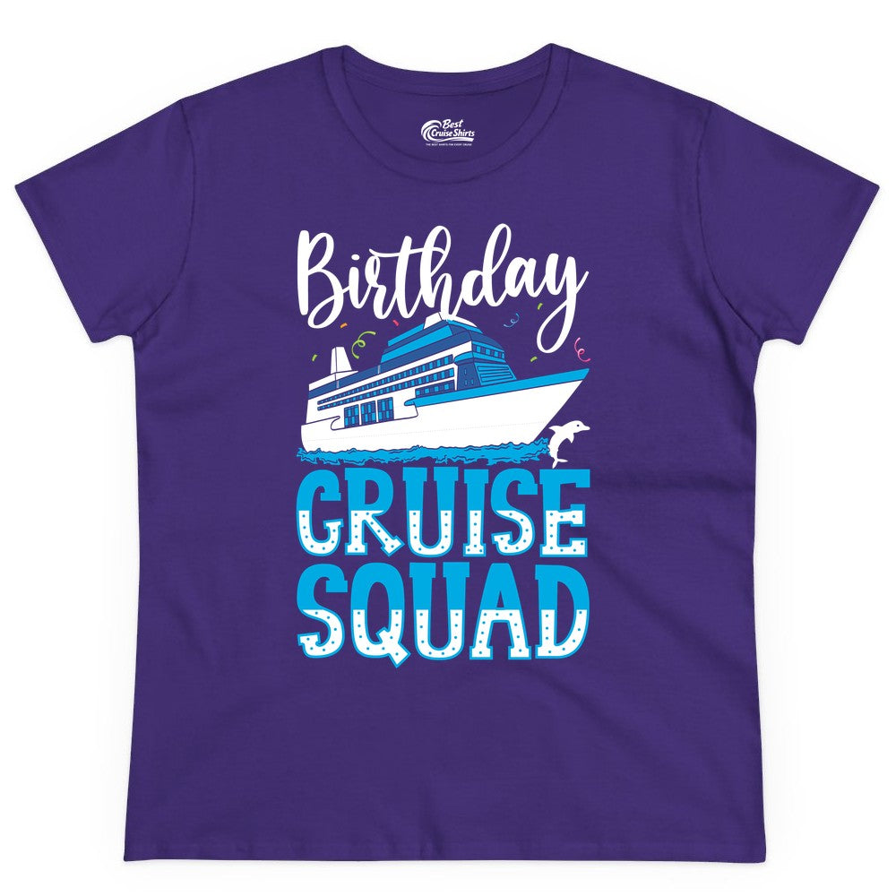 Birthday Cruise Shirt - Fun Group Cruise Squad Apparel for Vacations (Ladies Tee) in Purple - Birthday Cruise Squad Shirt - Nautical Celebration with Dolphin Accents