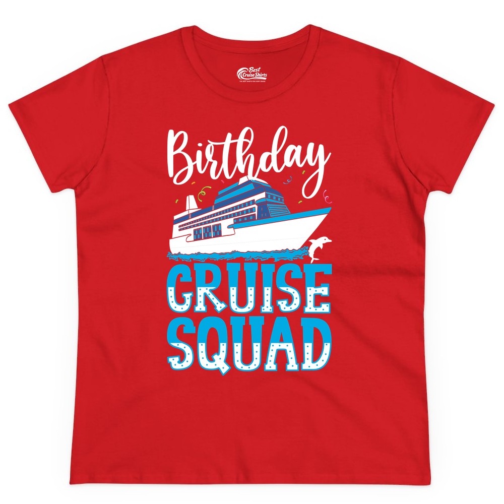 Birthday Cruise Shirt - Fun Group Cruise Squad Apparel for Vacations (Ladies Tee) in Red - Birthday Cruise Squad Shirt - Nautical Celebration with Dolphin Accents