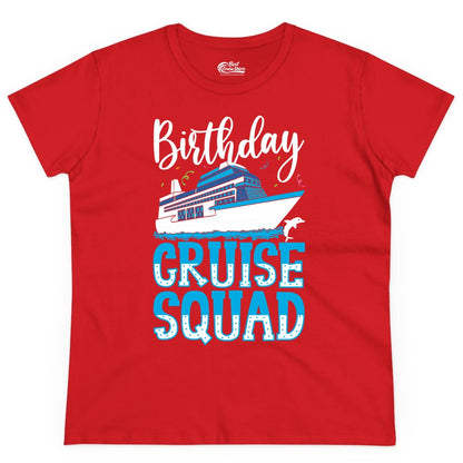 Birthday Cruise Shirt - Fun Group Cruise Squad Apparel for Vacations (Ladies Tee) in Red - Birthday Cruise Squad Shirt - Nautical Celebration with Dolphin Accents