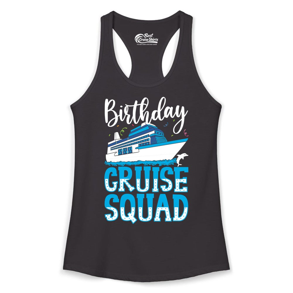 Birthday Cruise Shirt - Fun Group Cruise Squad Apparel for Vacations (Ladies Tank) in Black - Birthday Cruise Squad Shirt - Nautical Celebration with Dolphin Accents