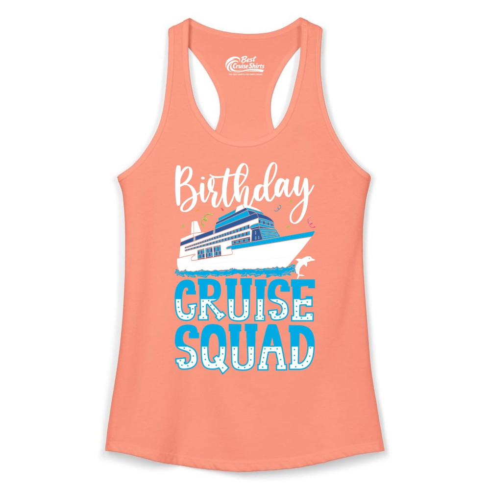 Birthday Cruise Shirt - Fun Group Cruise Squad Apparel for Vacations (Ladies Tank) in Solid Light Orange - Birthday Cruise Squad Shirt - Nautical Celebration with Dolphin Accents