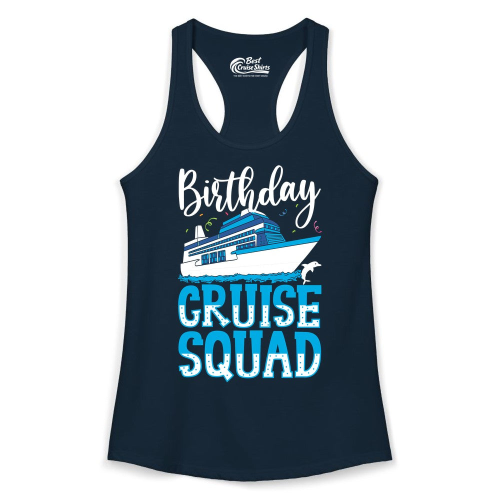 Birthday Cruise Shirt - Fun Group Cruise Squad Apparel for Vacations (Ladies Tank) in Solid Midnight Navy - Birthday Cruise Squad Shirt - Nautical Celebration with Dolphin Accents