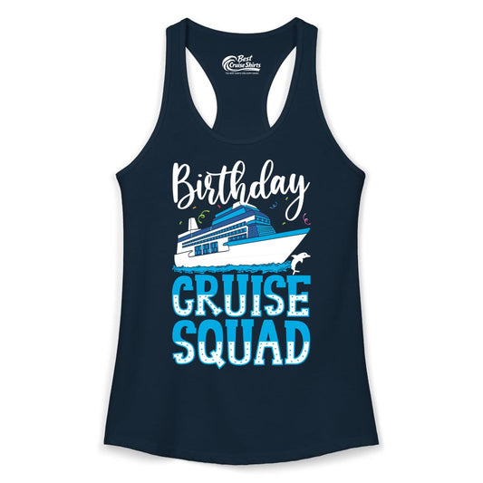 Birthday Cruise Shirt - Fun Group Cruise Squad Apparel for Vacations (Ladies Tank) in Solid Midnight Navy - Birthday Cruise Squad Shirt - Nautical Celebration with Dolphin Accents