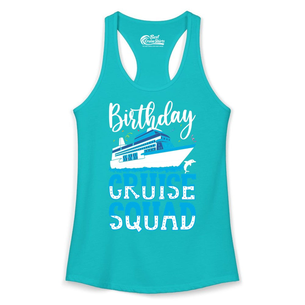 Birthday Cruise Shirt - Fun Group Cruise Squad Apparel for Vacations (Ladies Tank) in Tahiti Blue - Birthday Cruise Squad Shirt - Nautical Celebration with Dolphin Accents