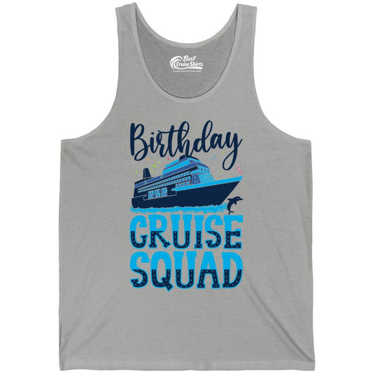 Birthday Cruise Shirt - Fun Group Cruise Squad Apparel for Vacations (Tank Top) in Athletic Heather - Birthday Cruise Squad Shirt - Nautical Celebration with Dolphin Accents