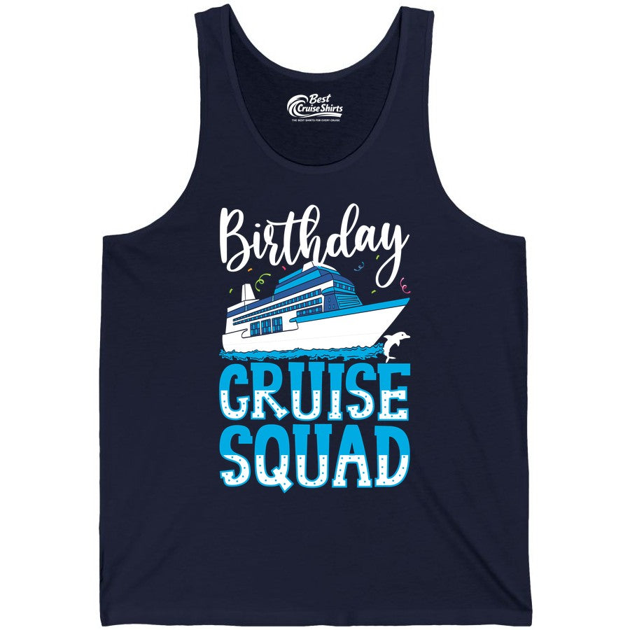 Birthday Cruise Shirt - Fun Group Cruise Squad Apparel for Vacations (Tank Top) in Navy - Birthday Cruise Squad Shirt - Nautical Celebration with Dolphin Accents
