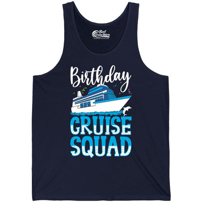 Birthday Cruise Shirt - Fun Group Cruise Squad Apparel for Vacations (Tank Top) in Navy - Birthday Cruise Squad Shirt - Nautical Celebration with Dolphin Accents