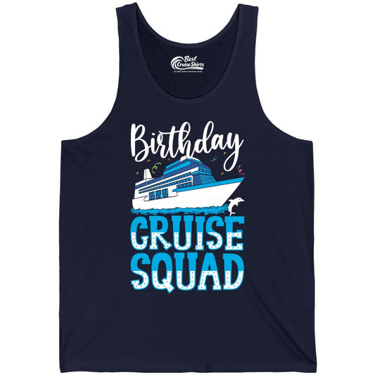 Birthday Cruise Shirt - Fun Group Cruise Squad Apparel for Vacations (Tank Top) in Navy - Birthday Cruise Squad Shirt - Nautical Celebration with Dolphin Accents