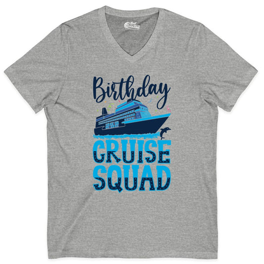 Birthday Cruise Shirt - Fun Group Cruise Squad Apparel for Vacations (V-Neck) in Athletic Heather - Birthday Cruise Squad Shirt - Nautical Celebration with Dolphin Accents