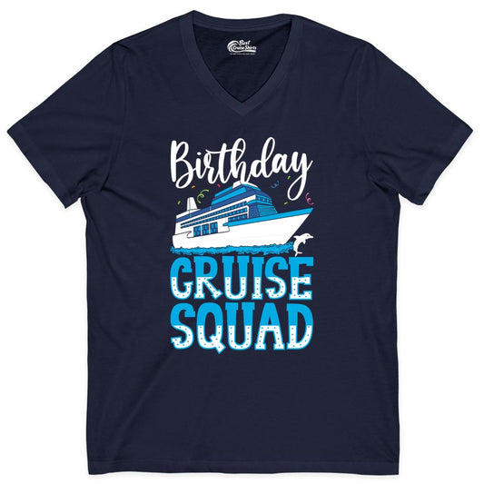 Birthday Cruise Shirt - Fun Group Cruise Squad Apparel for Vacations (V-Neck) in Navy - Birthday Cruise Squad Shirt - Nautical Celebration with Dolphin Accents