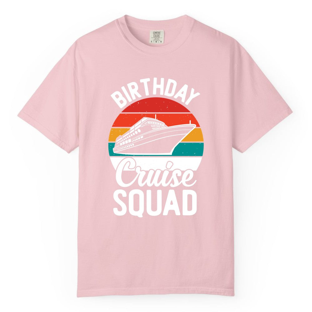 Birthday Cruise Squad Shirt - Retro Sunset Group Cruise Party Tee (Comfort Color) in Blossom - Birthday Cruise Squad Retro Sunset Distressed Cruise Ship Shirt
