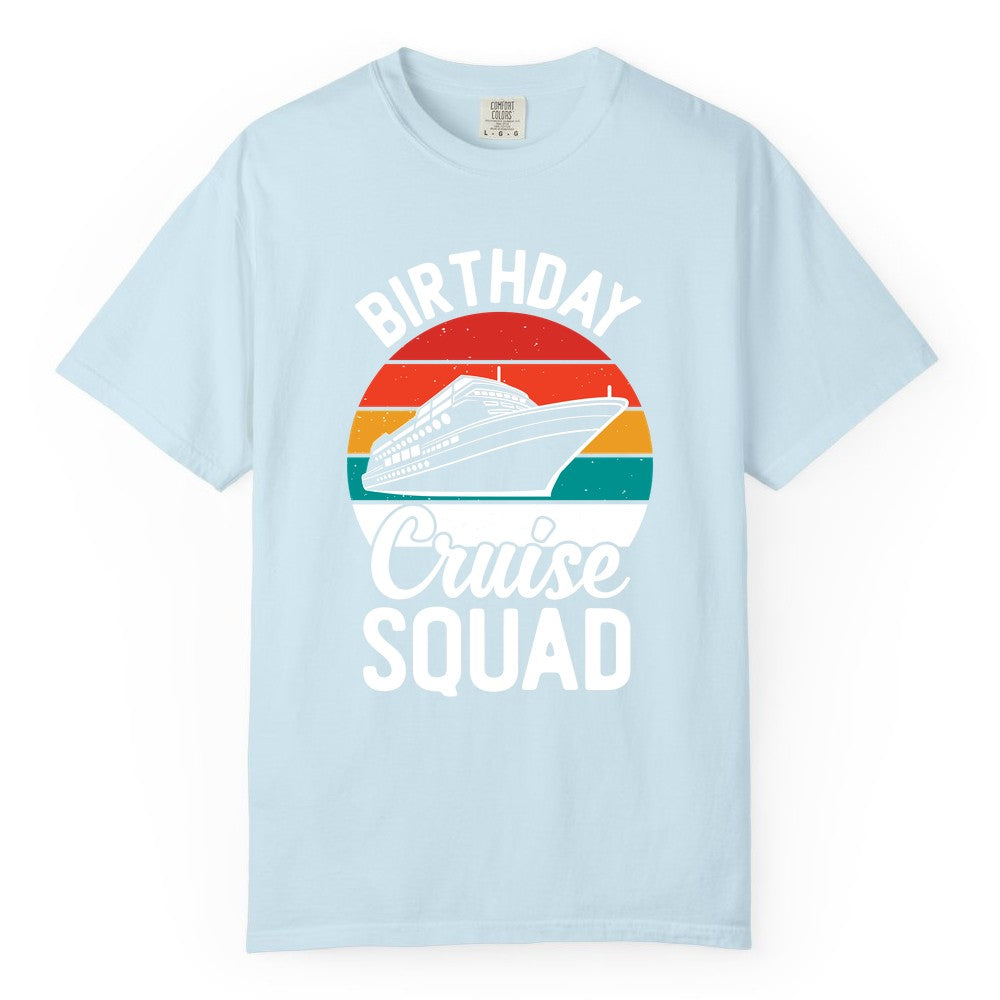 Birthday Cruise Squad Shirt - Retro Sunset Group Cruise Party Tee (Comfort Color) in Chambray - Birthday Cruise Squad Retro Sunset Distressed Cruise Ship Shirt