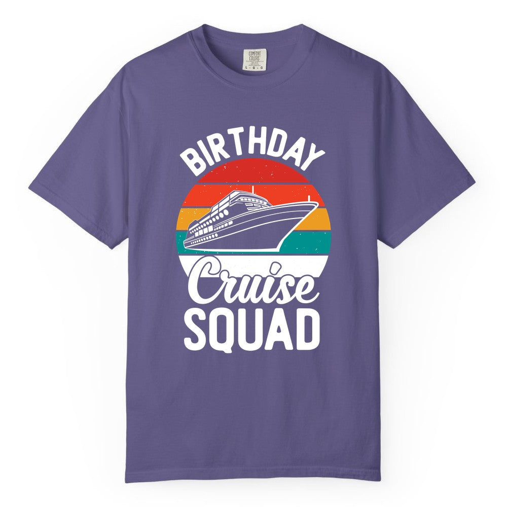 Birthday Cruise Squad Shirt - Retro Sunset Group Cruise Party Tee (Comfort Color) in Grape - Birthday Cruise Squad Retro Sunset Distressed Cruise Ship Shirt