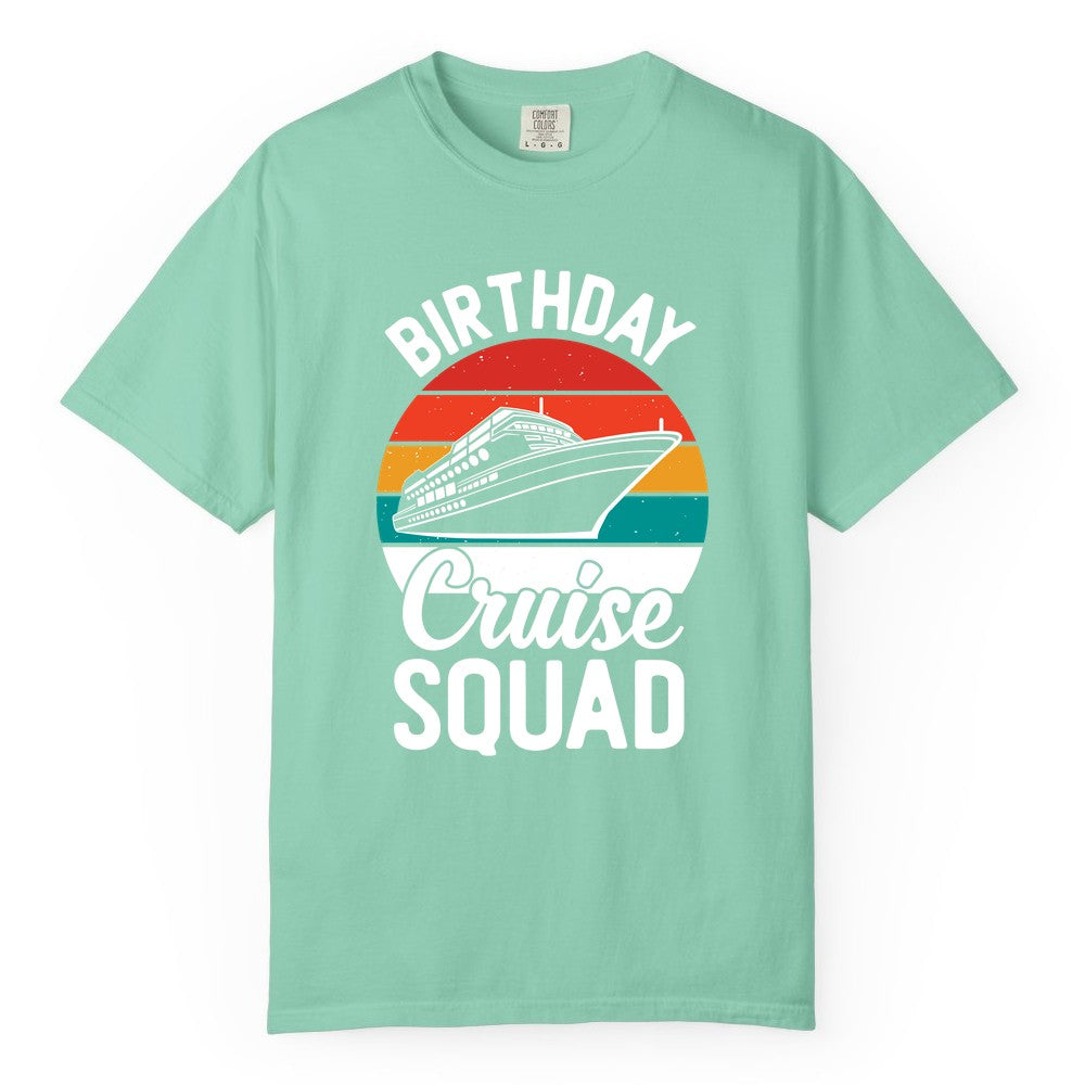 Birthday Cruise Squad Shirt - Retro Sunset Group Cruise Party Tee (Comfort Color) in Island Reef - Birthday Cruise Squad Retro Sunset Distressed Cruise Ship Shirt