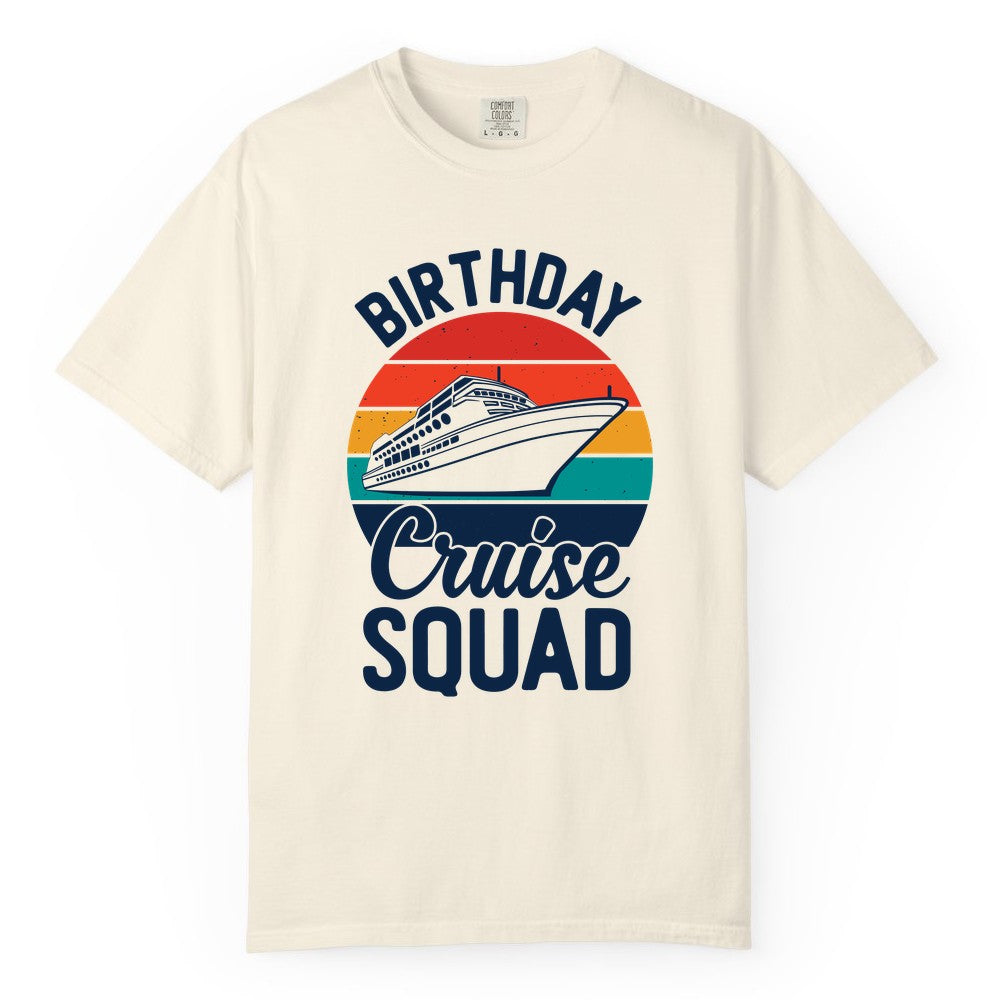 Birthday Cruise Squad Shirt - Retro Sunset Group Cruise Party Tee (Comfort Color) in Ivory - Birthday Cruise Squad Retro Sunset Distressed Cruise Ship Shirt