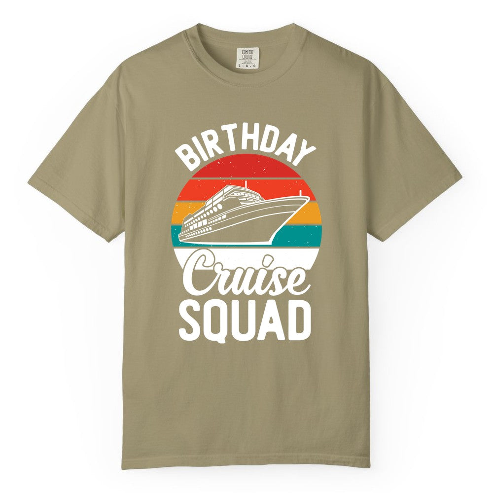 Birthday Cruise Squad Shirt - Retro Sunset Group Cruise Party Tee (Comfort Color) in Khaki - Birthday Cruise Squad Retro Sunset Distressed Cruise Ship Shirt