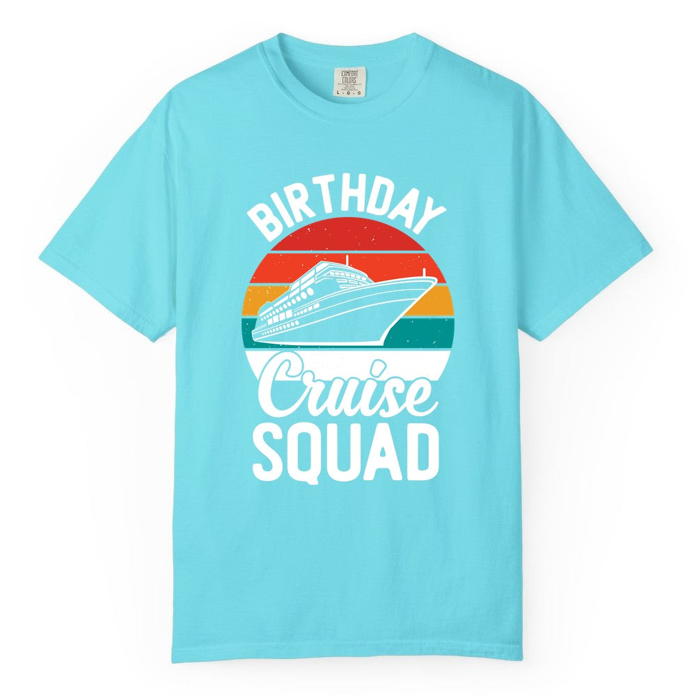 Birthday Cruise Squad Shirt - Retro Sunset Group Cruise Party Tee (Comfort Color) in Lagoon Blue - Birthday Cruise Squad Retro Sunset Distressed Cruise Ship Shirt