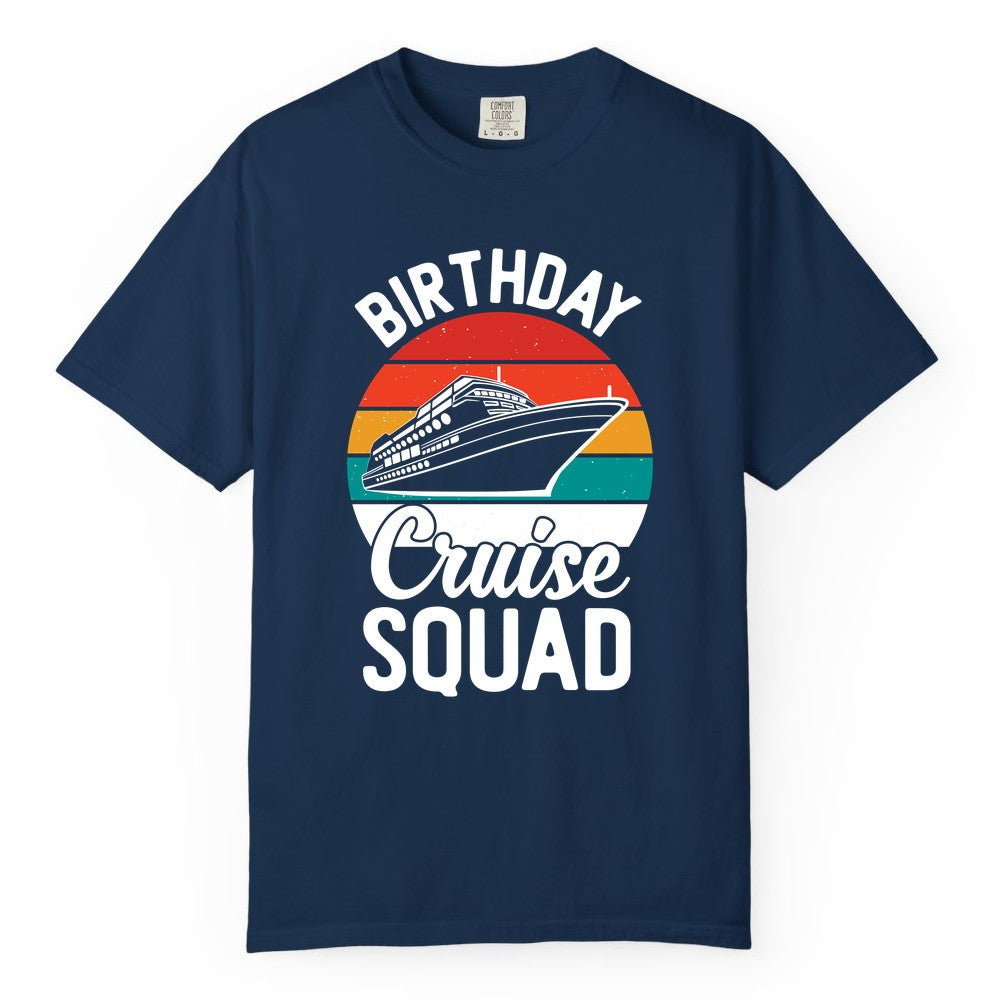 Birthday Cruise Squad Shirt - Retro Sunset Group Cruise Party Tee (Comfort Color) in Navy - Birthday Cruise Squad Retro Sunset Distressed Cruise Ship Shirt