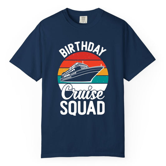 Birthday Cruise Squad Shirt - Retro Sunset Group Cruise Party Tee (Comfort Color) in Navy - Birthday Cruise Squad Retro Sunset Distressed Cruise Ship Shirt