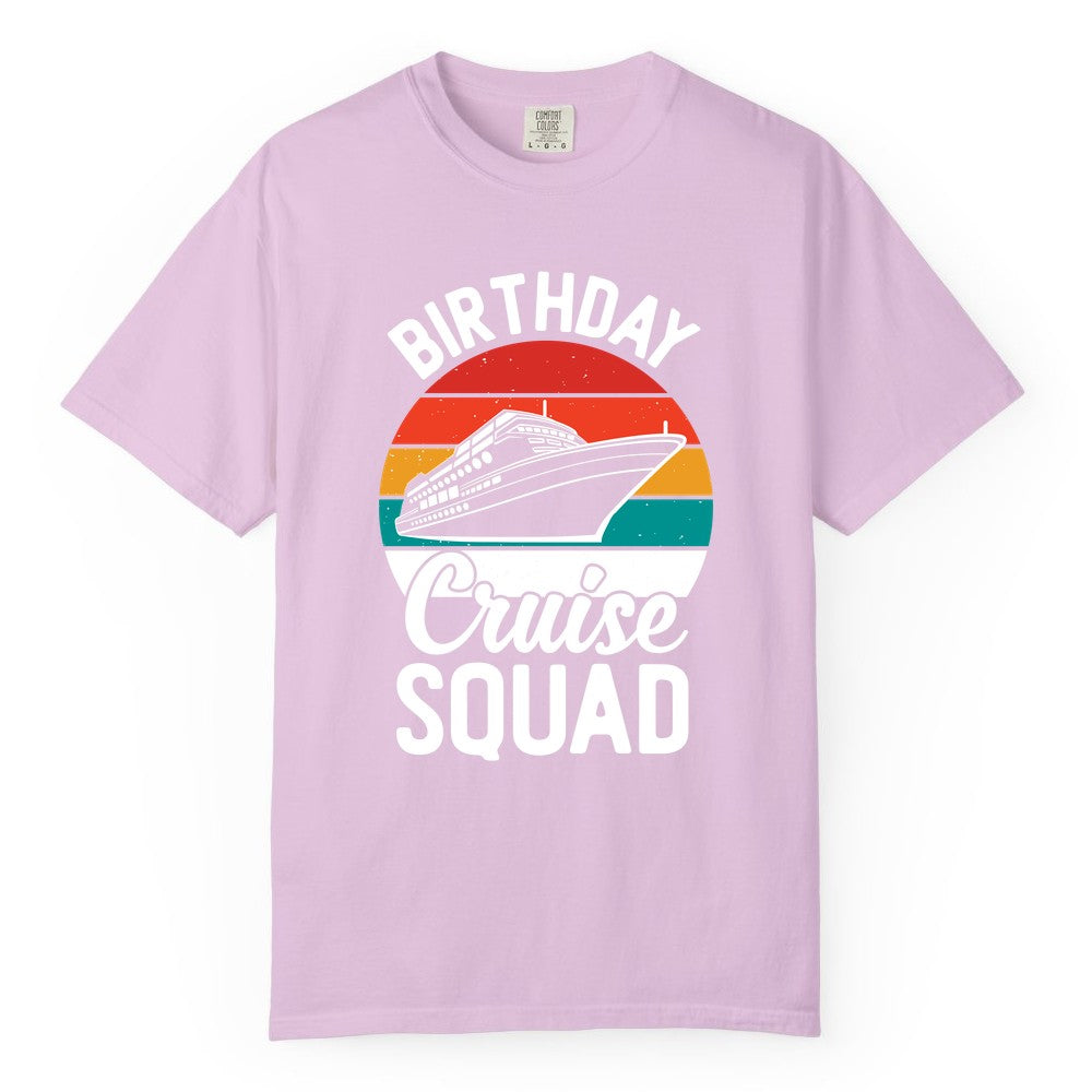 Birthday Cruise Squad Shirt - Retro Sunset Group Cruise Party Tee (Comfort Color) in Orchid - Birthday Cruise Squad Retro Sunset Distressed Cruise Ship Shirt
