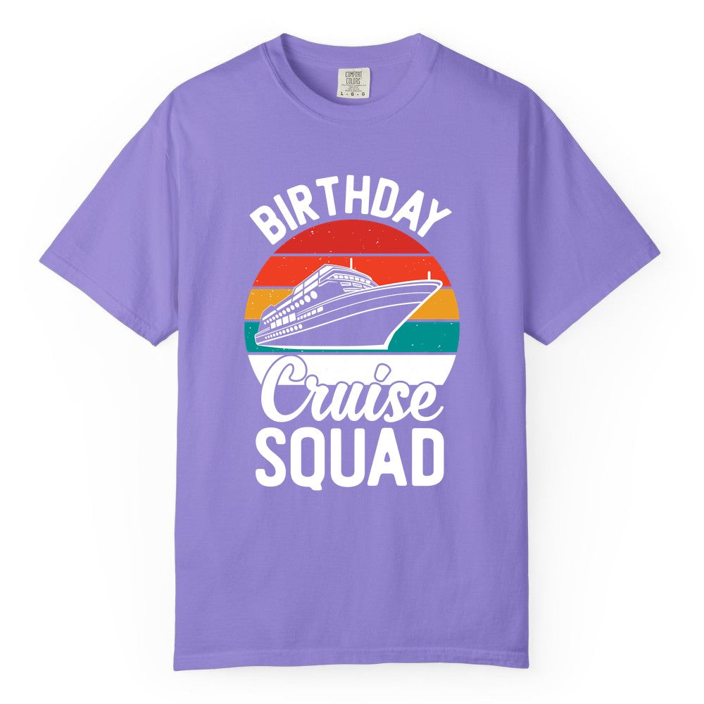 Birthday Cruise Squad Shirt - Retro Sunset Group Cruise Party Tee (Comfort Color) in Violet - Birthday Cruise Squad Retro Sunset Distressed Cruise Ship Shirt