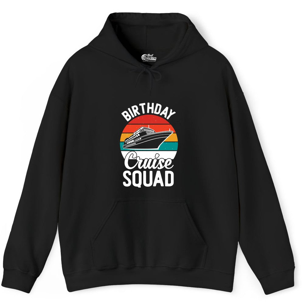 Birthday Cruise Squad Shirt - Retro Sunset Group Cruise Party Tee (Hoodie) in Black - Birthday Cruise Squad Retro Sunset Distressed Cruise Ship Shirt