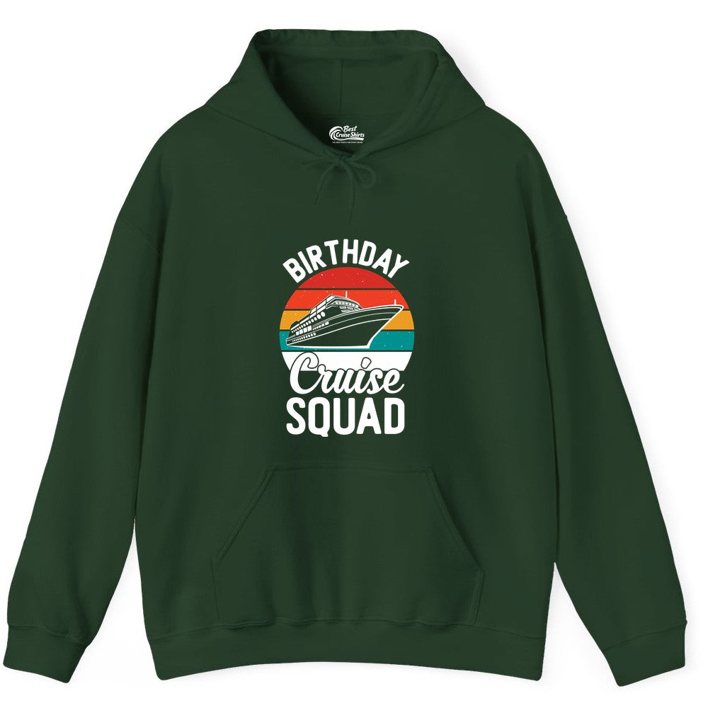 Birthday Cruise Squad Shirt - Retro Sunset Group Cruise Party Tee (Hoodie) in Forest Green - Birthday Cruise Squad Retro Sunset Distressed Cruise Ship Shirt