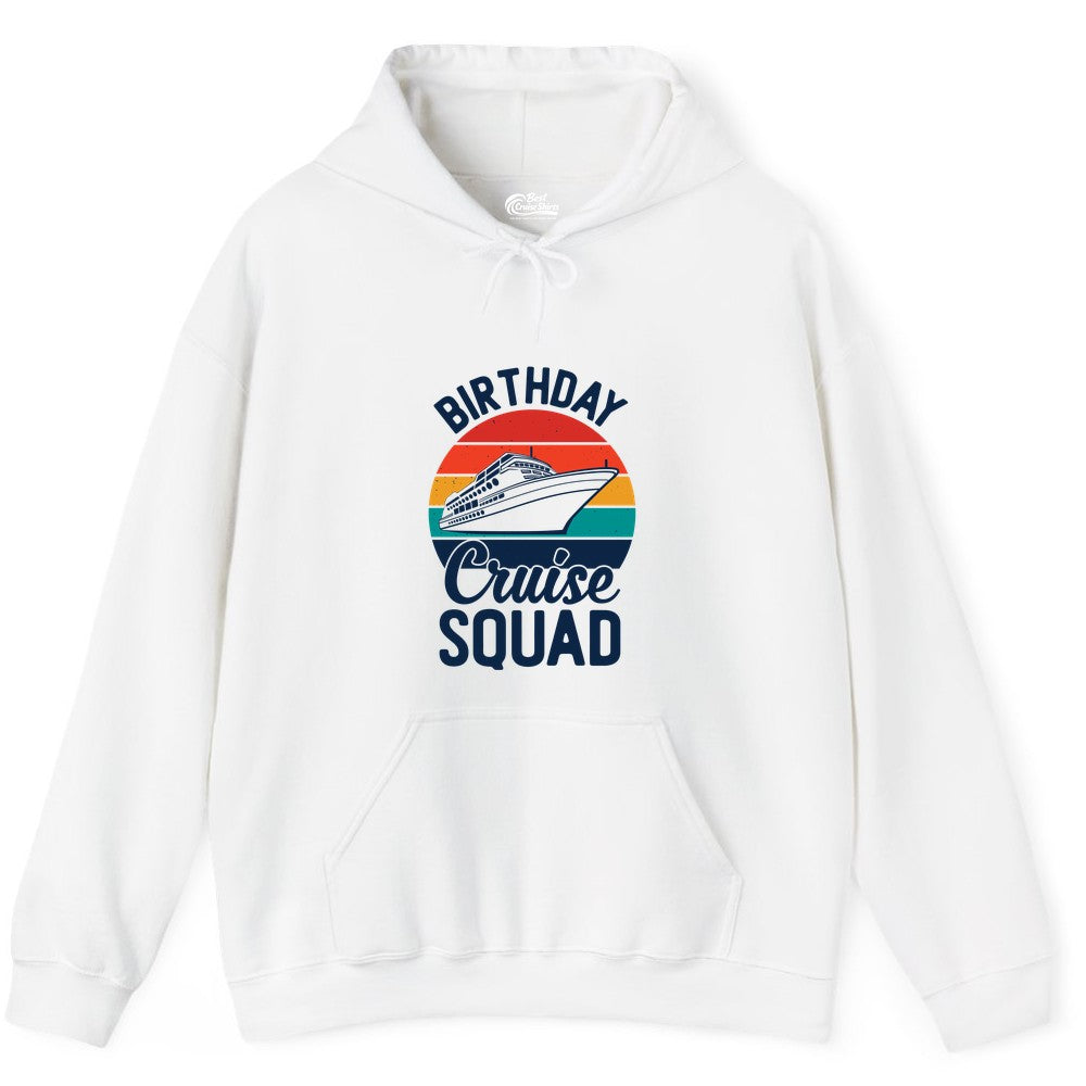 Birthday Cruise Squad Shirt - Retro Sunset Group Cruise Party Tee (Hoodie) in White - Birthday Cruise Squad Retro Sunset Distressed Cruise Ship Shirt
