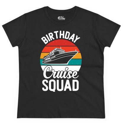Birthday Cruise Squad Shirt - Retro Sunset Group Cruise Party Tee (Ladies Tee) in Black - Birthday Cruise Squad Retro Sunset Distressed Cruise Ship Shirt