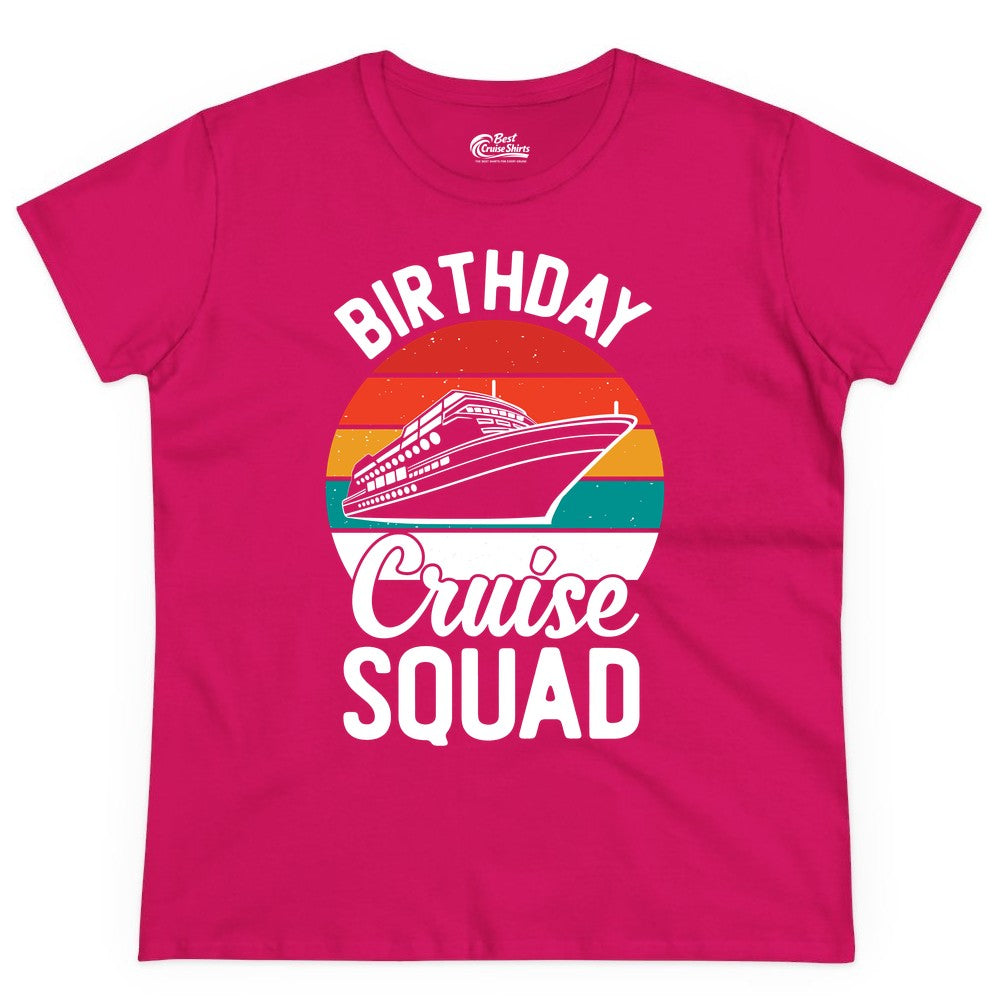 Birthday Cruise Squad Shirt - Retro Sunset Group Cruise Party Tee (Ladies Tee) in Heliconia - Birthday Cruise Squad Retro Sunset Distressed Cruise Ship Shirt