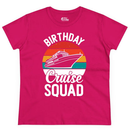 Birthday Cruise Squad Shirt - Retro Sunset Group Cruise Party Tee (Ladies Tee) in Heliconia - Birthday Cruise Squad Retro Sunset Distressed Cruise Ship Shirt