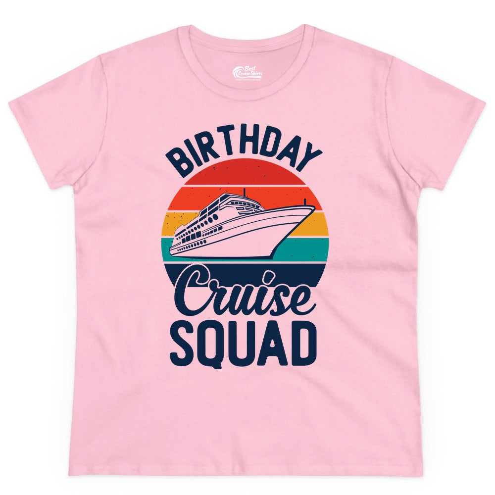 Birthday Cruise Squad Shirt - Retro Sunset Group Cruise Party Tee (Ladies Tee) in Light Pink - Birthday Cruise Squad Retro Sunset Distressed Cruise Ship Shirt
