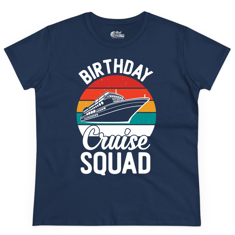 Birthday Cruise Squad Shirt - Retro Sunset Group Cruise Party Tee (Ladies Tee) in Navy - Birthday Cruise Squad Retro Sunset Distressed Cruise Ship Shirt