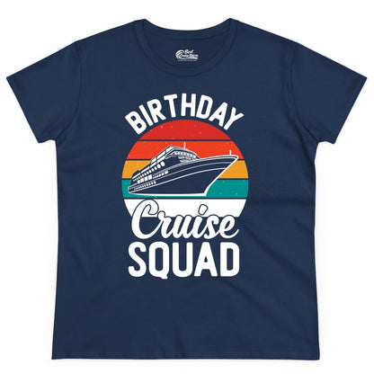 Birthday Cruise Squad Shirt - Retro Sunset Group Cruise Party Tee (Ladies Tee) in Navy - Birthday Cruise Squad Retro Sunset Distressed Cruise Ship Shirt