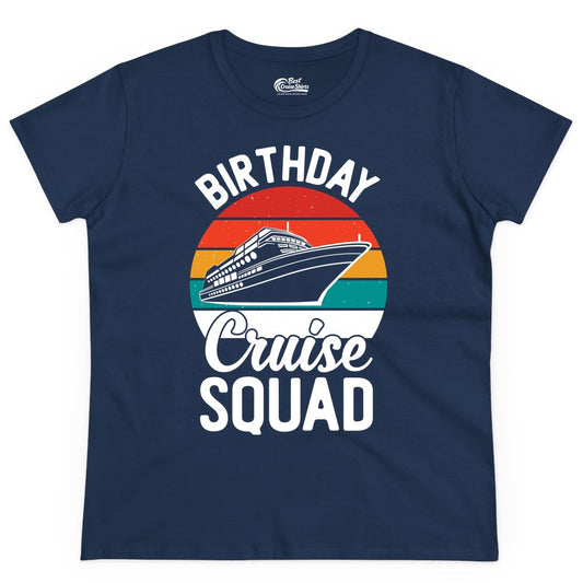 Birthday Cruise Squad Shirt - Retro Sunset Group Cruise Party Tee (Ladies Tee) in Navy - Birthday Cruise Squad Retro Sunset Distressed Cruise Ship Shirt