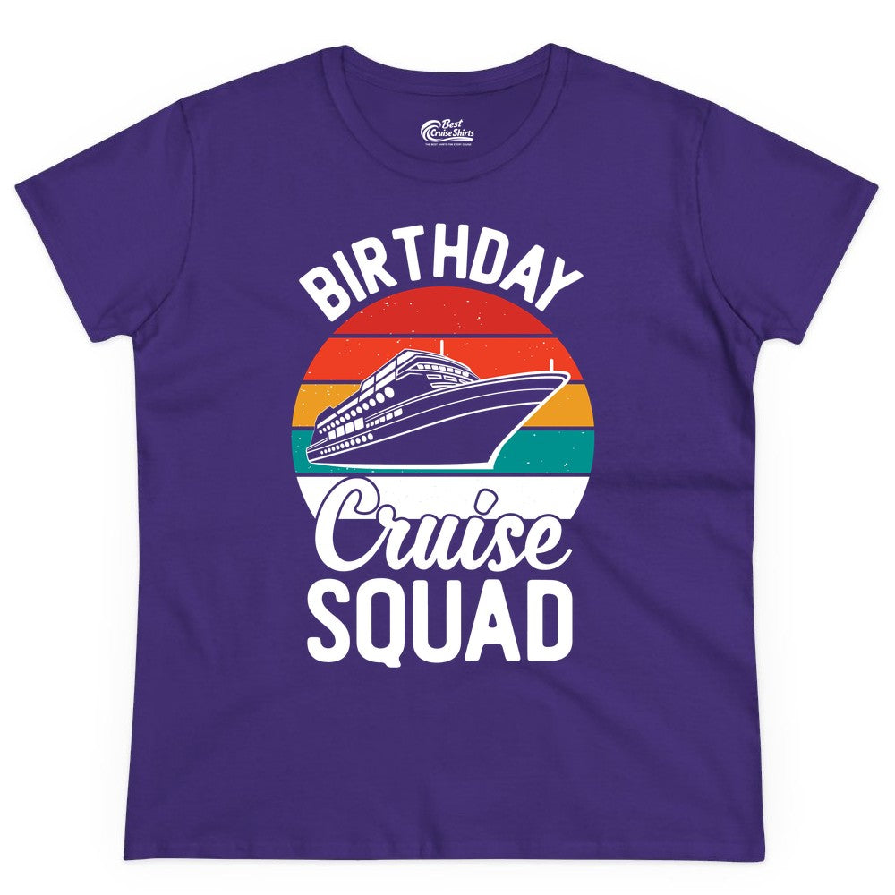 Birthday Cruise Squad Shirt - Retro Sunset Group Cruise Party Tee (Ladies Tee) in Purple - Birthday Cruise Squad Retro Sunset Distressed Cruise Ship Shirt