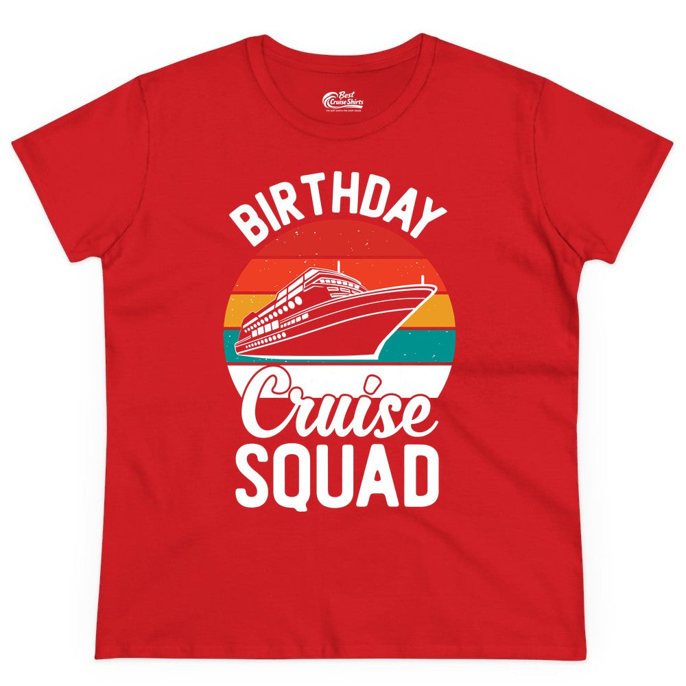 Birthday Cruise Squad Shirt - Retro Sunset Group Cruise Party Tee (Ladies Tee) in Red - Birthday Cruise Squad Retro Sunset Distressed Cruise Ship Shirt