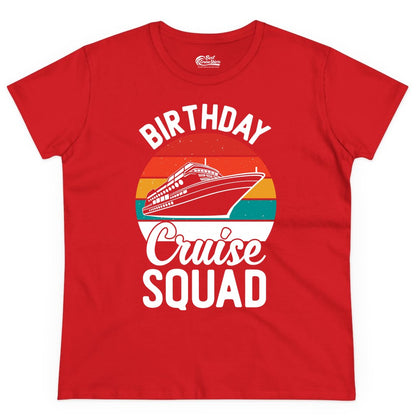 Birthday Cruise Squad Shirt - Retro Sunset Group Cruise Party Tee (Ladies Tee) in Red - Birthday Cruise Squad Retro Sunset Distressed Cruise Ship Shirt