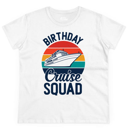 Birthday Cruise Squad Shirt - Retro Sunset Group Cruise Party Tee (Ladies Tee) in White - Birthday Cruise Squad Retro Sunset Distressed Cruise Ship Shirt