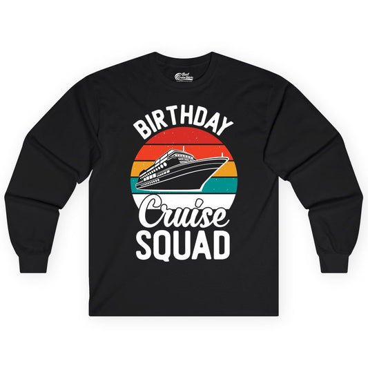Birthday Cruise Squad Shirt - Retro Sunset Group Cruise Party Tee (Long Sleeve) in Black - Birthday Cruise Squad Retro Sunset Distressed Cruise Ship Shirt