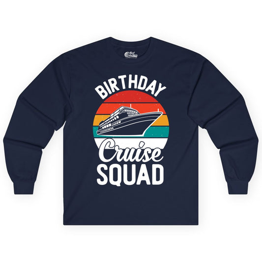 Birthday Cruise Squad Shirt - Retro Sunset Group Cruise Party Tee (Long Sleeve) in Navy - Birthday Cruise Squad Retro Sunset Distressed Cruise Ship Shirt