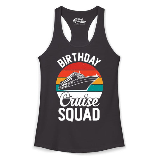 Birthday Cruise Squad Shirt - Retro Sunset Group Cruise Party Tee (Ladies Tank) in Black - Birthday Cruise Squad Retro Sunset Distressed Cruise Ship Shirt