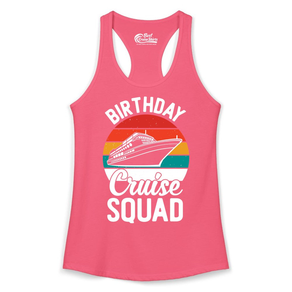 Birthday Cruise Squad Shirt - Retro Sunset Group Cruise Party Tee (Ladies Tank) in Hot Pink - Birthday Cruise Squad Retro Sunset Distressed Cruise Ship Shirt